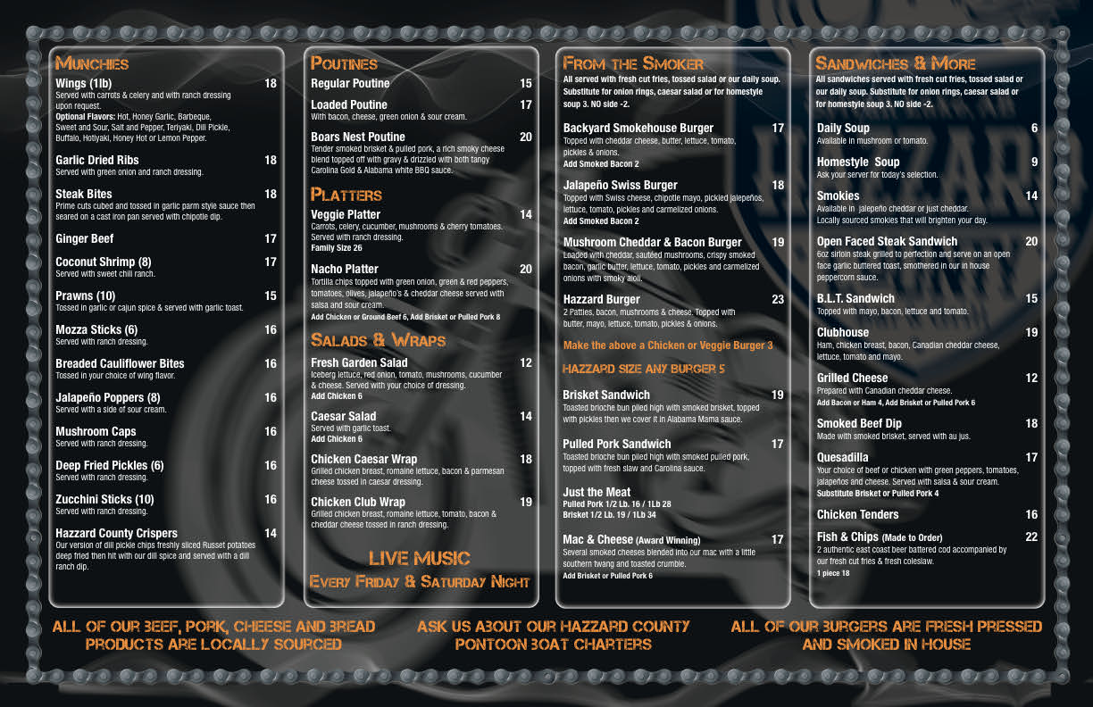 Hazzard County Food Menu Back Side